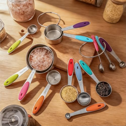 Measuring Cups and Spoons Set of 13 with Silicone Handle, Stainless Steel Nesting Measuring Cups and Spoons For Baking & Cooking (Colorful)