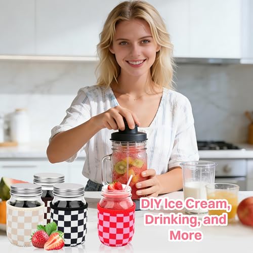 KJQJLY 4 Pcs Mason Jars Sleeves Neoprene 16oz Regular and Wide Mouth Mason Jar Sleeves Holder with Handle (Checkered, 16 OZ) - color: Checkered, size: 16 OZ