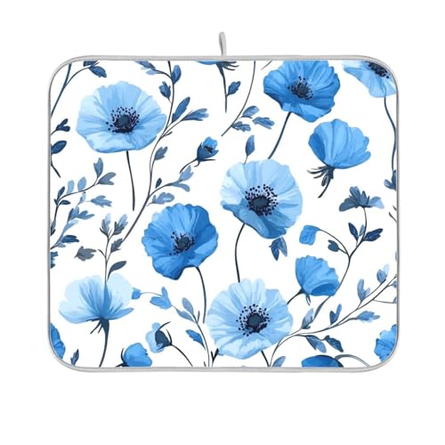 Blue Poppy Flowers and Branches Dish Drying Mat for Kitchen Counter Microfiber Absorbent Drainer Draining Rack Mats Small Cloth Kitchen Drying Pad Heat Resistant for Countertop 16x18 - color: Blue Poppy Flowers and Branches, size: 16x18in