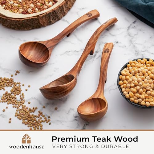 Wooden Ladle for Soup, 3 Size Teak Wood Ladle Spoon with Back Hooks for Pot & Bowl, Non-Stick Wooden Spoon Set for Cooking, Serving and Stirring - size: 3 Size Set