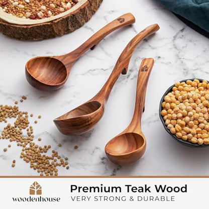 Wooden Ladle for Soup, 3 Size Teak Wood Ladle Spoon with Back Hooks for Pot & Bowl, Non-Stick Wooden Spoon Set for Cooking, Serving and Stirring - size: 3 Size Set