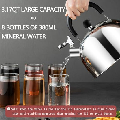 304 Stainless Steel Whistling Tea Kettle 3.17 Quart/3L Tea Pot, Suitable to Boiling Water & Tea on Induction Stove, Gas Stove Top - color: Silver, size: 3.4 Quarts