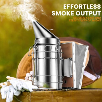 Flexzion Beehive Smoker - Bee Smoker Stainless Steel for Beekeeping, Durable Bellow & Heat Shield, Safe Bee Hive Smoker with Mounting Hook, Compatible with Bee Smoker Pellets
