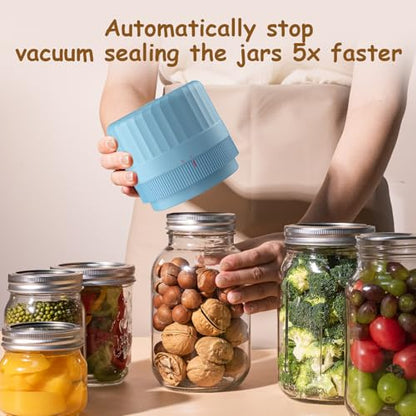 HTPOW Mason Jar Vacuum Sealer, Auto Sealing for Regular and Wide Mouth Jars | Meal prep, food storage, one-touch operation, regular and wide mouth jars, 1300mAh battery, reusable lids - color: Blue