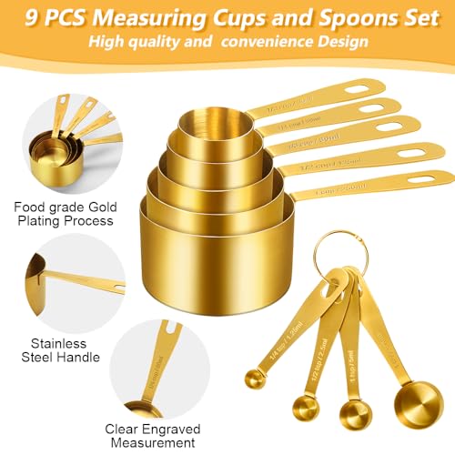 Gold Measuring Cups and Spoons, Set of 9, Including 4 Measuring Spoons, 5 Measuring Cups, Stainless Steel Kitchen Gadgets for Liquid & Dry Ingredients - size: Set of 9
