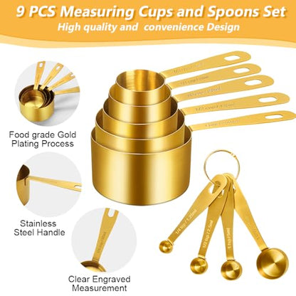 Gold Measuring Cups and Spoons, Set of 9, Including 4 Measuring Spoons, 5 Measuring Cups, Stainless Steel Kitchen Gadgets for Liquid & Dry Ingredients - size: Set of 9