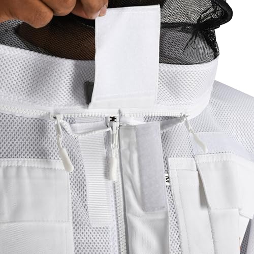 Bee Jacket Mesh Ventilation for Professional Beekeeper's Total Protection - Light Weight - YKK Zipper with Carring Bag 2 Veil Options (Fencing & Round) BP-401 (White - L) - color: White, size: L