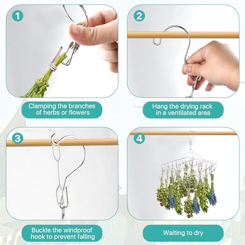 4-Pack Herb Drying Rack, Space Saving 40 Clips Stainless Steel Herb Drying Rack Hanging for Fresh Herbs, Flowers & Tea, Rustproof Over-the-Sink or Wall Mount for Garden, Kitchen & Craft Room