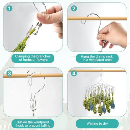 4-Pack Herb Drying Rack, Space Saving 40 Clips Stainless Steel Herb Drying Rack Hanging for Fresh Herbs, Flowers & Tea, Rustproof Over-the-Sink or Wall Mount for Garden, Kitchen & Craft Room