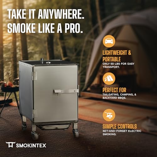 SmokinTex Lil' Tex Electric Smoker - Stainless Steel Portable Meat Smoker Grill with Temperature Control, Wood Chip Tray, and Meat Probe for BBQ, Jerky, Vegetables - size: 55 lb.