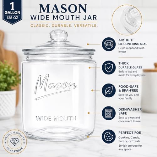 1 Gallon Mason Glass Cookie Jar with Lid – Wide Mouth Glass Storage Jar with Embossed Mason Logo, Airtight Pantry Container with Measurement Markings for Cookies, Candy, Flour & Dog Treats – Pack of 2 - size: Pack of 2