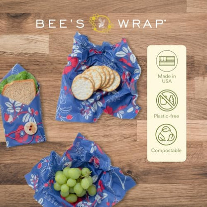 Bee's Wrap Beeswax Wraps for Food - 3 Pack of Assorted Beeswax Wraps - 2 Medium & Sandwich Wrap - Plastic Free Made in USA Reusable Natural Food Wrap - Botanical - style: Lunch Pack Botanical