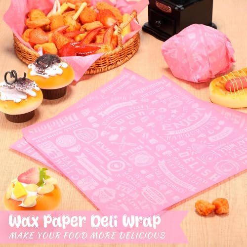 Outus 600 Pcs 12 x 12 Inch Deli Wax Paper Sheets Grease Resistant Tray Basket Liners Newsprint Paper Water and Grease Proof Sandwich Wrapping Square Hot Dog Wrappers for Food Baking (Pink) - color: Pink