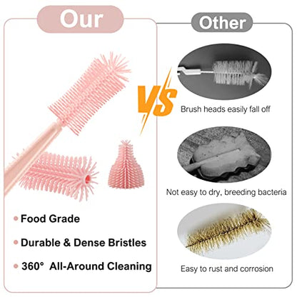 6 in 1 Baby Bottle Cleaner Set with Drying Rack,Silicone Baby Bottle Brush,Straw Brush,Nipple Brush,Soap Dispenser and Storage Box, Portable Baby Essentials for Home&Travel(Pink) - color: Pink