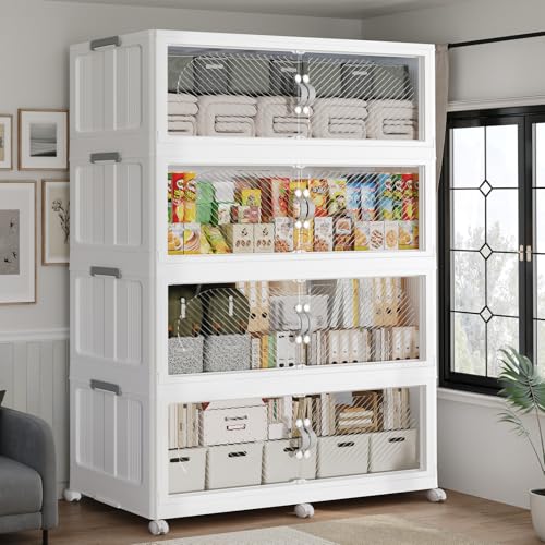 960QT Extra Large Stackable Storage Bins with Lid & Wheels & Doors, 240Gal Foldable Collapsible Closet Organizers, Plastic Cabinet Box Container Drawer for Home Kitchen Bedroom, 4Pack White - color: White, size: 240QT-4Pack