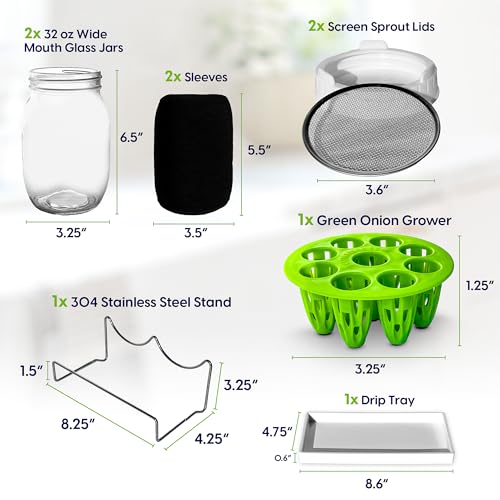 Broccoli Sprouting Kit & Green Onion Regrower with USA Organic Broccoli & Alfalfa Seeds – 2 Wide-Mouth Mason Jars, Sprout Lids, Stainless Stand, Drain Tray & Blackout Sleeves - color: Sprouts Growing Kit & Green Onion Regrower