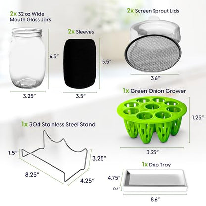 Broccoli Sprouting Kit & Green Onion Regrower with USA Organic Broccoli & Alfalfa Seeds – 2 Wide-Mouth Mason Jars, Sprout Lids, Stainless Stand, Drain Tray & Blackout Sleeves - color: Sprouts Growing Kit & Green Onion Regrower
