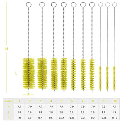 CiaraQ Bottle Cleaning Brushes, 8 Inch Nylon Tube Brush Set | Yellow Cleaner for Narrow Neck Bottles Cups with Hook, Set of 10pcs. - color: Yellow, size: 8.0 Inch (10pcs)