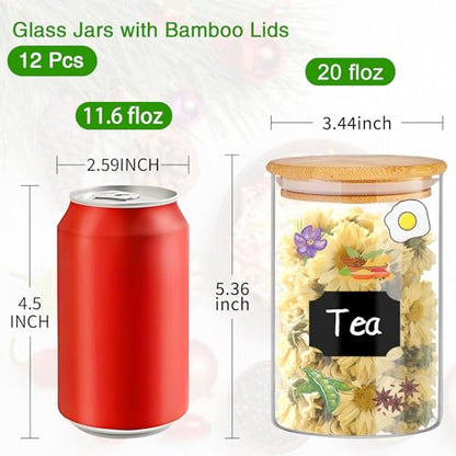BGraceyy Glass Jars with Bamboo Lids 20 oz, 12 Pcs Stackable Kitchen Glass Pantry Storage Containers with Airtight Bamboo Lids for Rice, Candy, Sugar, Flour, Nuts, Cookie, Bean - size: 20 oz 12 pcs