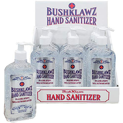 BushKlawz 70% Alcohol Hand Sanitizer Gel 10oz with Pump - No Rinse Instant Clean with No Water Needed Large Pump Bottle (12x Retail Bulk Pack) NDC-92284-001-01