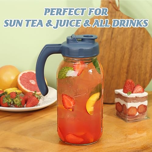 Soligt Glass Mason Jar Pitcher with Lid, Wide Mouth Flip Cap Pour Spout Leak-proof Lid with Handle, 64 oz (2 Quart / 1.9 Liter), Navy and Yellow, 2 Pack - color: Navy and Yellow