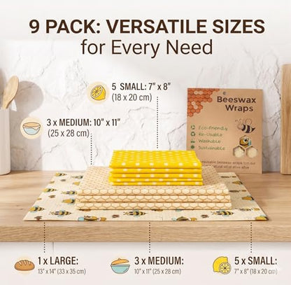 Beeswax Wraps for Food - 9 Pack Reusable Food Wraps | Sustainable, Plastic-Free Alternative to Plastic Wrap & Foil | Sandwich, Cheese, Bread & Bowl Covers for Eco-Friendly Food Storage - color: 9 Pack - Golden Meadow