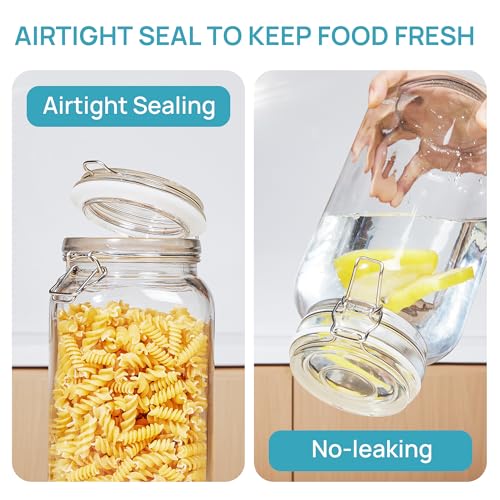 Vtopmart 78oz Glass Food Storage Jars with Airtight Clamp Lids, 3 Pack Large Kitchen Canisters for Flour, Sugar, Cereal, Coffee, Pasta and Canning, Square Mason Jars with 8 Reusable Labels