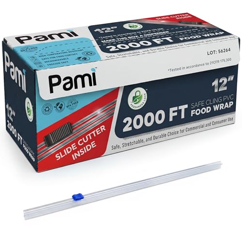 PAMI 12'' x 2000 FT PVC Cling Wrap, Heavy Duty Plastic Food Wrap with Slide Cutter, Clear Stretch Film, Strong Cling, Food Safe, for Commercial & Home Kitchen Use - size: 12'' x 2000 FT