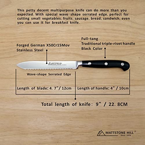Serrated Utility Knife - MATTSTONE HILL 4.7" Kitchen Knife, German Stainless Steel Vegetable Knife, Paring Knife, Triple Rivet Handle - size: 4.7"