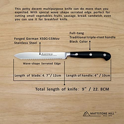 Serrated Utility Knife - MATTSTONE HILL 4.7" Kitchen Knife, German Stainless Steel Vegetable Knife, Paring Knife, Triple Rivet Handle - size: 4.7"