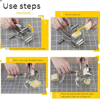 Manual Rotary Cheese Grater, 304 Stainless Steel Hand-Crank | Manual Cheese Grinder for Parmesan, Cheddar, Chocolate, Nuts & Vegetables