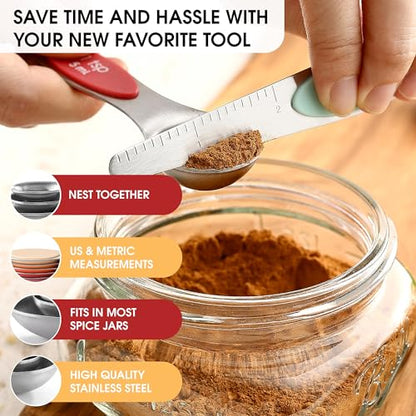 Spring Chef Stainless Steel Metal Magnetic Measuring Spoons Set of 8 with Leveler, Heavy Duty Nesting Teaspoon & Tablespoon Measuring Spoons, Kitchen Gadgets for Baking & Cooking - Desert Sunset - color: Desert Sunset, size: 1-Pack