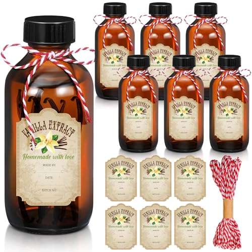 Uiifan 6 Pack Amber Glass Boston Round Bottles with Caps Brown Vanilla Extract Bottles and 6 Pcs Vanilla Extract Stickers for Syrup Gift Glass Food Storage Canister Set Sauce Beans(16 oz) - size: 16 Ounces