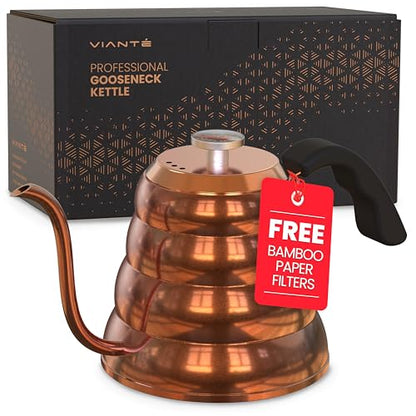 Viante Gooseneck Stovetop Pour Over Coffee Kettle, Built-in Thermometer | Precision spout for drip coffee & tea. Stainless steel with copper finish, 40 fl oz. Works on all cooktops
