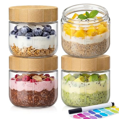 6oz Glass Jars with Airtight Lids - 4 Pack Overnight Oats Containers with Bamboo Lids, Small Food Containers with Measurement for Yogurt, Salad, Chia, Wide Mouth Mason Jar with Lid for Food Storage - color: 6oz - 4 Pack