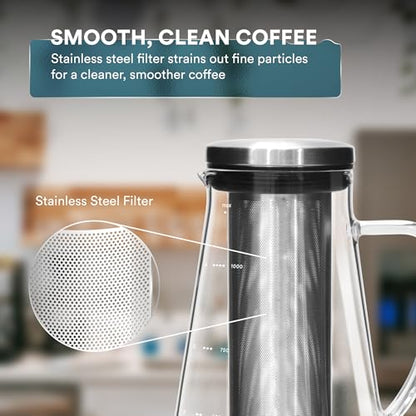 OVALWARE Airtight Cold Brew Iced Coffee Maker Pitcher and Tea Infuser with Spout - 1.0L / 34oz Ovalware RJ3 Brewing Glass Carafe with Removable Stainless Steel Filter - size: 34 Ounces