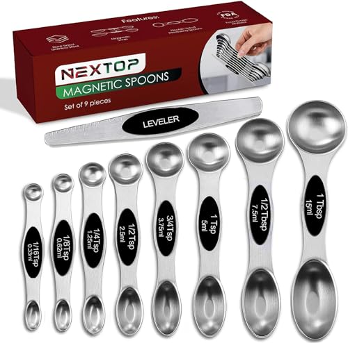 Nextop Stainless Steel Magnetic Measuring Spoons Set – 9 Pieces Dual-Sided Stackable Magnetic Teaspoons and Tablespoons for Dry & Liquid Ingredients – Kitchen Gadgets for Baking & Cooking – Black - color: Black