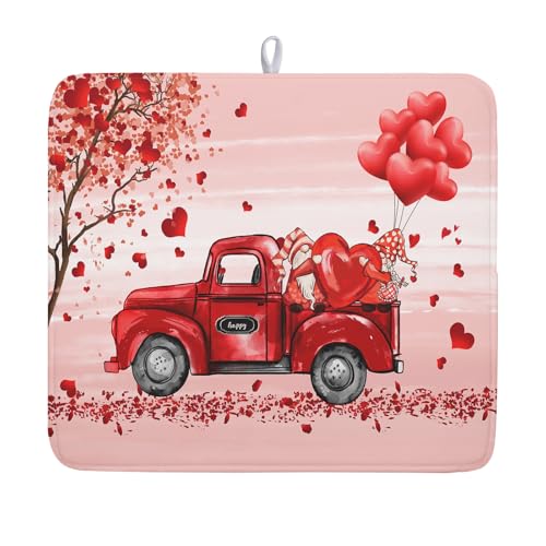 Valentine's Love Truck Dish Drying Mat, Valentine Red Gnomes Dish Drying Mat for Kitchen Counter, Valentine's Day Absorbent Fast Dry Dish Drainer Mat Protector Microfiber Dish Drying Pad 16"x18" - color: Valentine's Love Truck, size: 16" x 18"