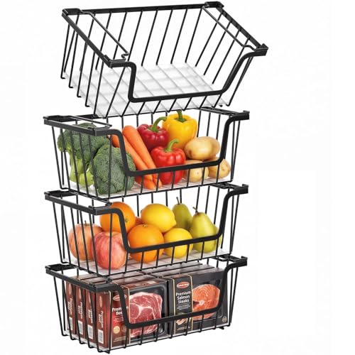 SUNALLY Stackable Storage Bins 4 Pcs Wire Baskets for Pantry Organizers and Storage, Vegetable Fruit Storage Basket for Countertop Organizer,Kitchen Baskets for Onion Potato Snack Cans Storage,Black - color: Black