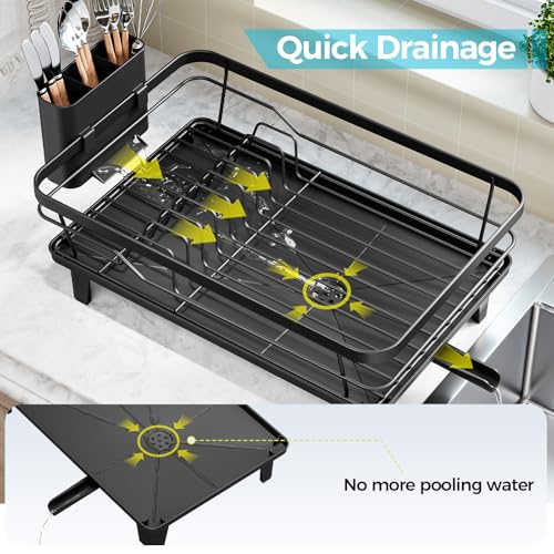 Urackify Dish Drying Rack for Kitchen Counter, Sink Dish Rack with Drainboard 12.2" W x 16.5" L, Large Dish Drainer with Cutlery Holder, Home Countertop Plate Dryer Storage Rack, Black - color: Black
