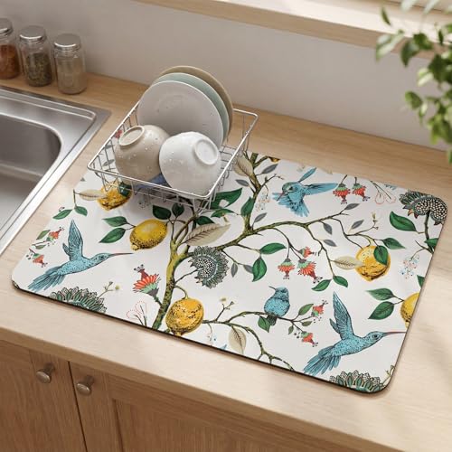 LemonRoad Dish Drying Mat for Kitchen Counter, 12"x20" Absorbent Coffee Bar Mat with Hummingbird Lemon Tree, Diatomite Drainer Drying Mats with Non-slip Backing for Kitchen Sink Countertop - style: Hummingbird Lemon Tree