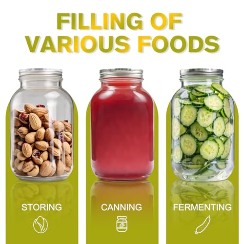 Glass Mason Jars, 2 Pack 32oz Clear Glass Regular Mouth Quart Canning Jars with Lids for Sealing, Ideal for Food Storage, Snacks, Candies, Jam, Honey, Wedding, Shower Favors, DIY Projects