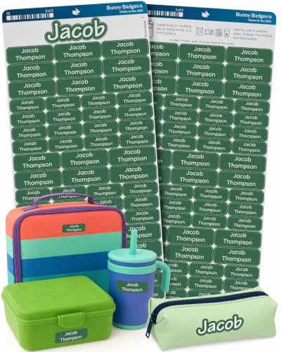 Bunny Badges Personalized Daycare Name Labels for Kids (120 Labels) Custom Label for Clothing Tag - Waterproof Name Stickers for Clothing Tags, Bottles, Backpacks and School Supplies (Forest Fern) - color: Forest Fern