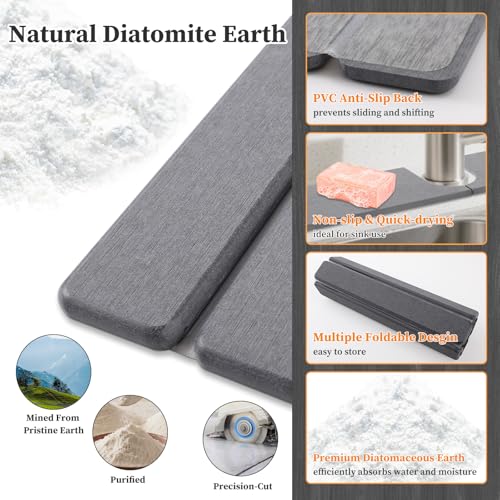 Diatomaceous Stone Drying Mat for Kitchen Counter with Sink Faucet Mat, Gray Absorbent Quick Dry Dish Drying Mat Set, Diatomite Stone Slat Countertop Pad for Dishes, Cups - color: Gray