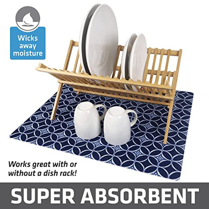 Drymate Jumbo XL Dish Drying Mat (19”x24”), Low-Profile, Super Absorbent, Quick Dry Fabric, Waterproof & Slip-Resistant, for Kitchen Counter, Trimmable, Easy to Clean (USA Made)(Indigo) - size: 19" x 24"