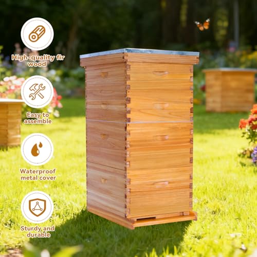 POLLIBEE 10 Frame Langstroth Beehive Beeswax Coated Complete Bee Hives Includes Bee Frames and Waxed Foundations (2 Deep Boxes & 2 Medium Boxes) - size: 4-Layer