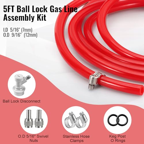 Homebrew Ball Lock Gas Line Assembly, 5 FT Co2 Gas Line Tubing for Kegerator with O.D 5/16”Ball Lock Gas Disconnect PVC Ball Lock Co2 Hose Assemble Draft Beer Red Hose Kit for Corny Keg