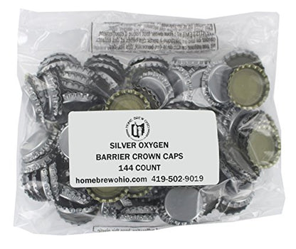 144 Oxygen Absorbing Beer Bottle Caps, 26mm US Standard Size Pry Off Silver Crown Caps for Homebrew, PVC Free Caps for Beer Bottles (Pack of 2)