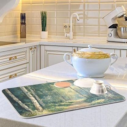Birch Trees Path Dish Drying Mat for Kitchen Counter Super Absorbent Draining Mat with Non-slip Backed Drainer Mat for Dish Bottles Cups Bowl Draining Racks Countertops Sinks