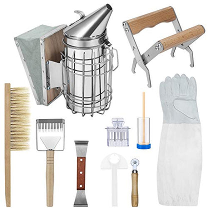 Flexzion Bee Keeping Starter Kit - 10 Piece Beekeeping Tools & Bee Keeping Supplies-All Set with Smoker, Frame Holder, Gloves, Bee Brush, Scraper, Fork, Queen Clip Cage, Marking Tube, Feeder & Frame